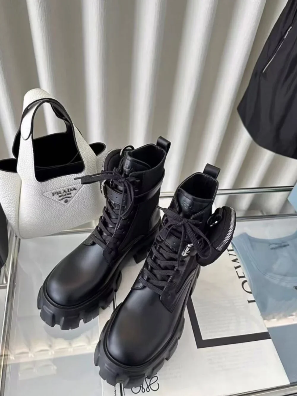 Prada Detachable Pocket Lug Sole Leather Combat Boots